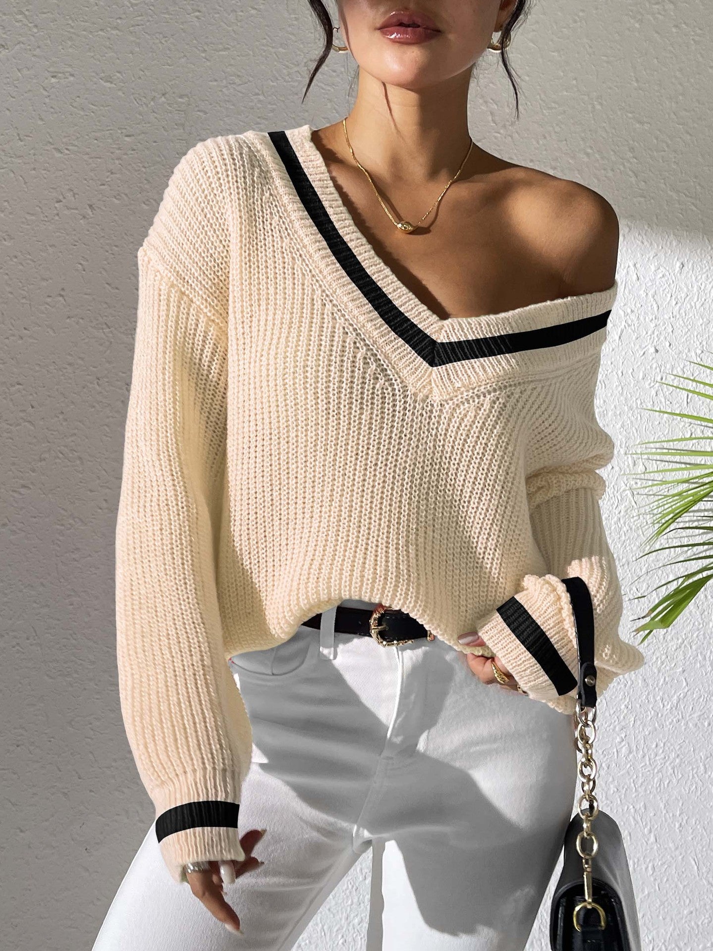Preppy Colorblock V-Neck Loose Knit Sweater