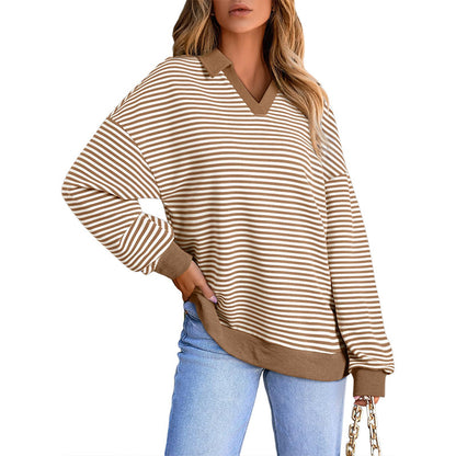 Women's Striped V-Neck Collared Long Sleeve Sweatshirt
