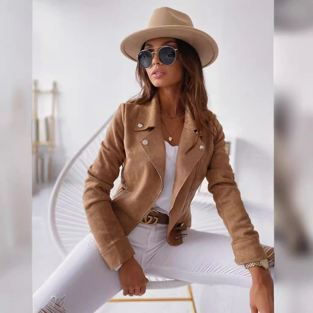 Women's Faux Suede Zip-Up Cropped Moto Jacket