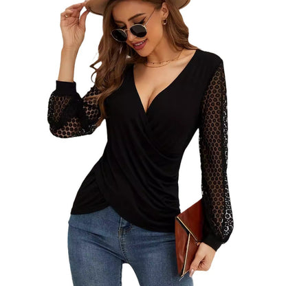 French Lace Sleeve Cross Wrap V-Neck Blouse for Women