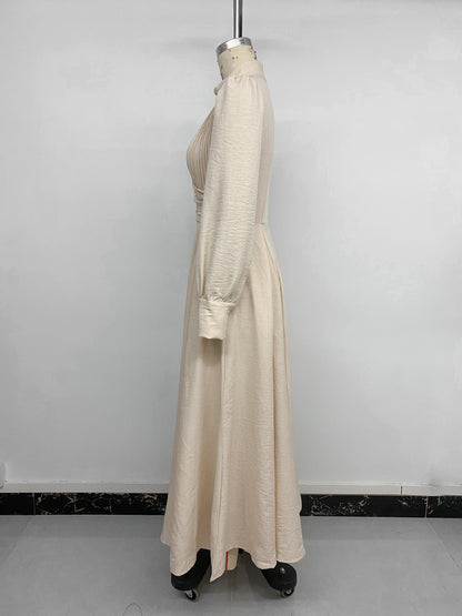 Mock Neck Zipper Pleated Balloon Sleeve Maxi Dress