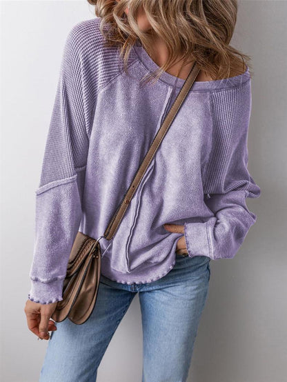 Oversized Patchwork Waffle Knit Crewneck Sweatshirt