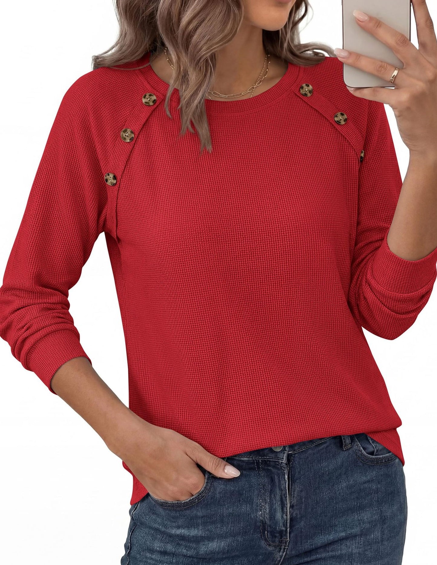 Waffle Knit Button Henley Top Crew Neck Long Sleeve Tee