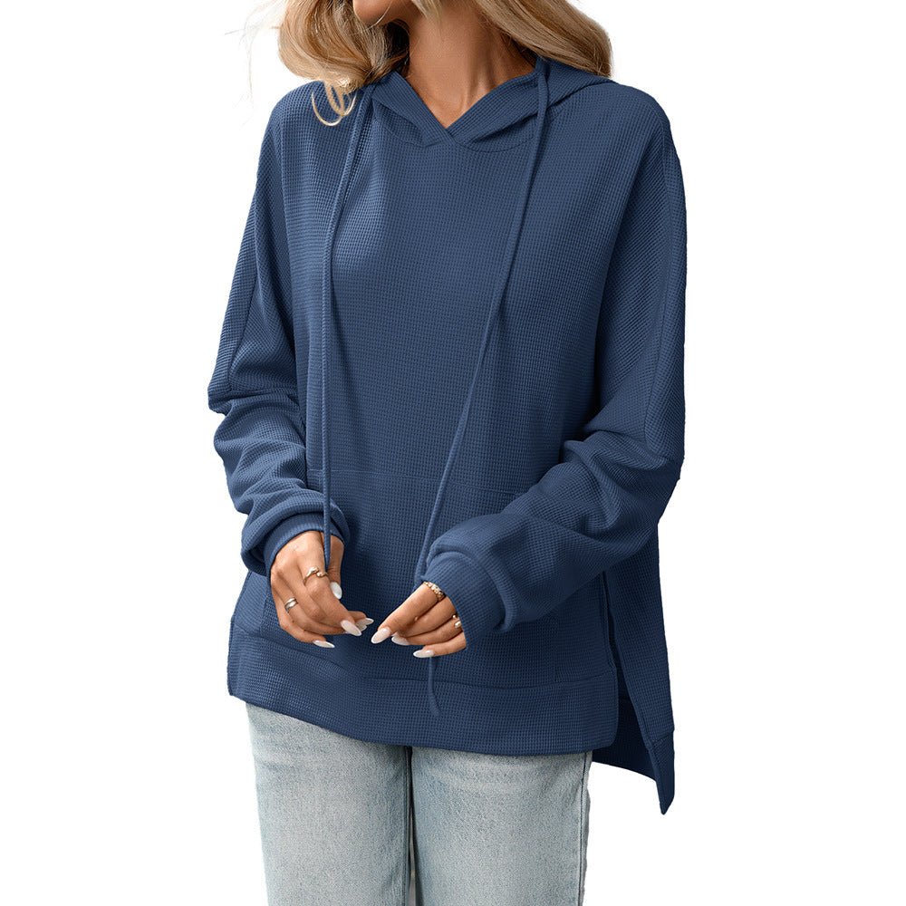 Trendy Waffle Knit Hoodie – Comfortable Casual Pullover for Fall/Winter
