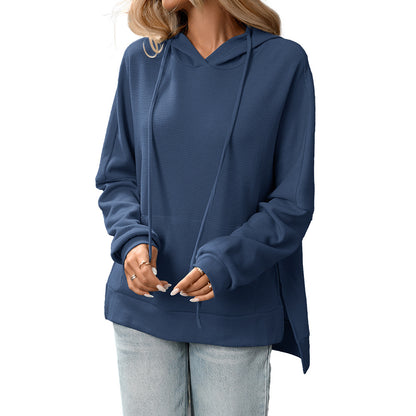 Trendy Waffle Knit Hoodie – Comfortable Casual Pullover for Fall/Winter