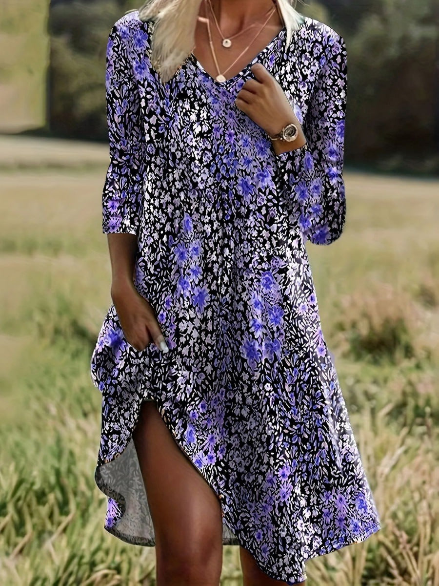 Floral V-Neck Long Sleeve A-Line Midi Dress