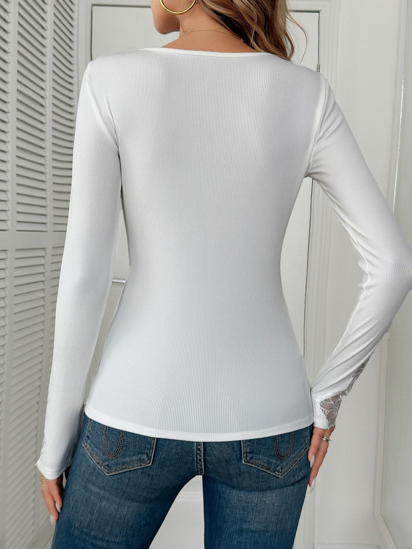 V-Neck Lace Trim Rhinestone Long Sleeve Top for Women