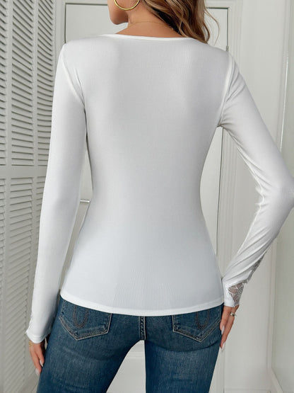 V-Neck Lace Trim Rhinestone Long Sleeve Top for Women
