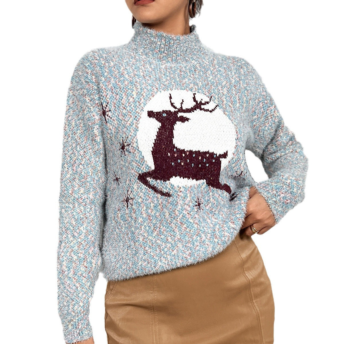 Women's Chenille Reindeer Christmas Mock Neck Sweater