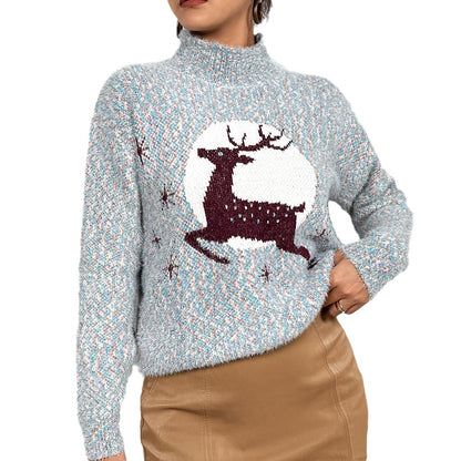 Women's Chenille Reindeer Christmas Mock Neck Sweater
