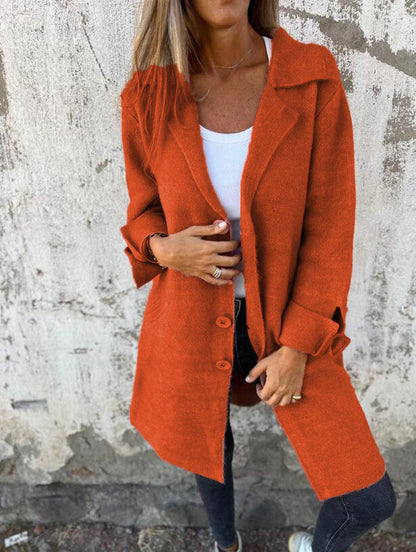 Women Long Wool Coat Lapel Button Front Jacket Pockets