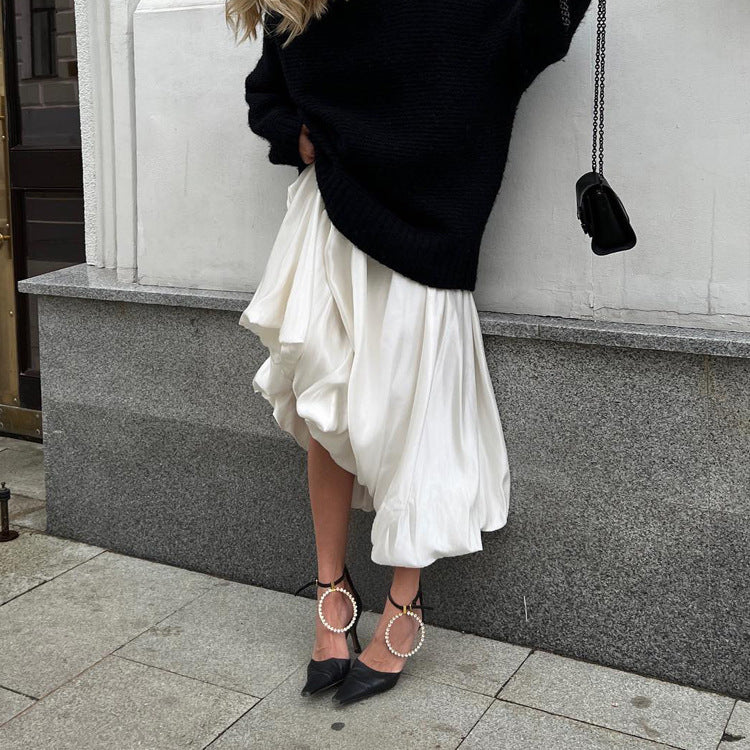 Women's High Waist Balloon Midi Skirt Solid Casual Chic
