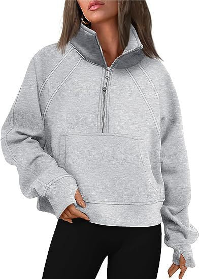 Oversized Half Zip Fleece Cropped Sweatshirt with Pocket