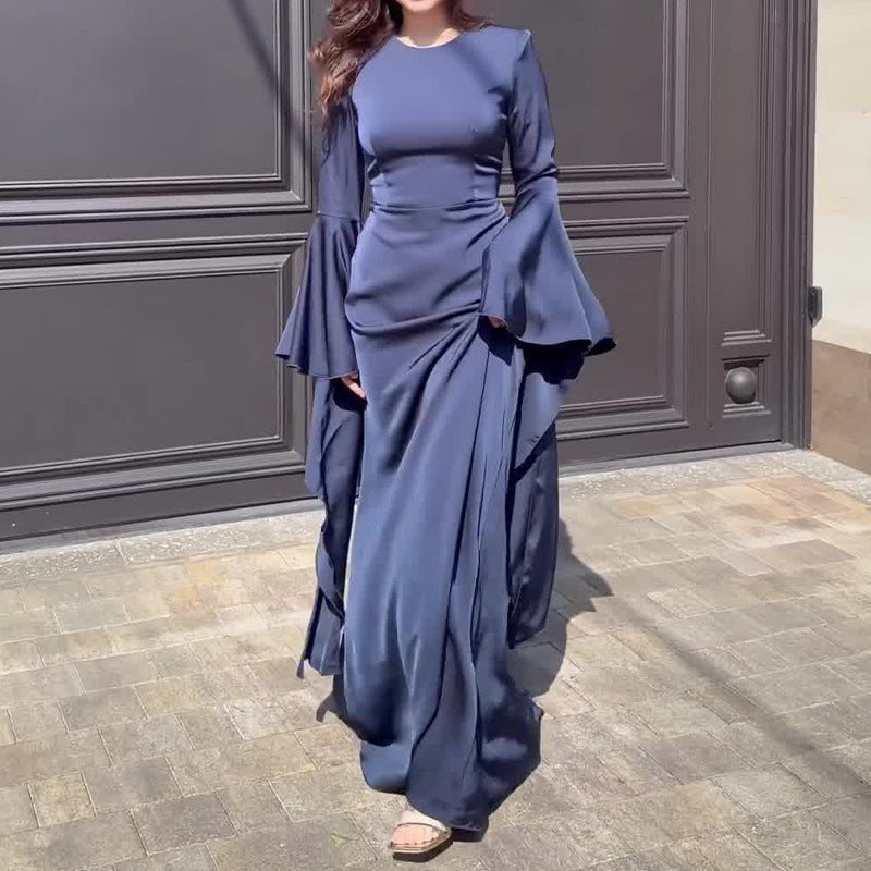 Women Satin Bell Sleeve Ruched Evening Maxi Dress
