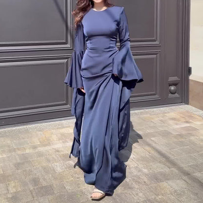 Women Satin Bell Sleeve Ruched Evening Maxi Dress