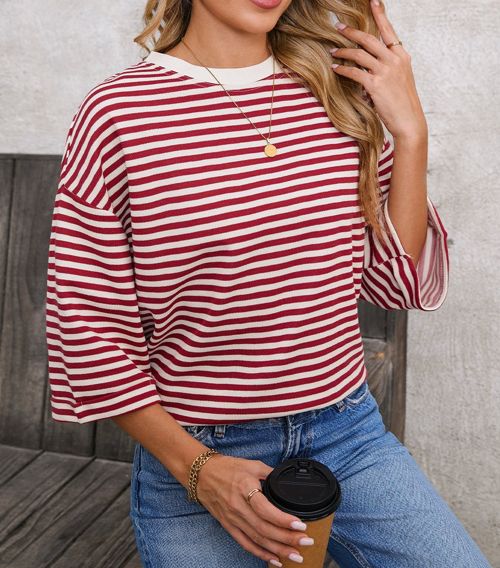 Blue Striped Knit Back Bow Open Back Top Women