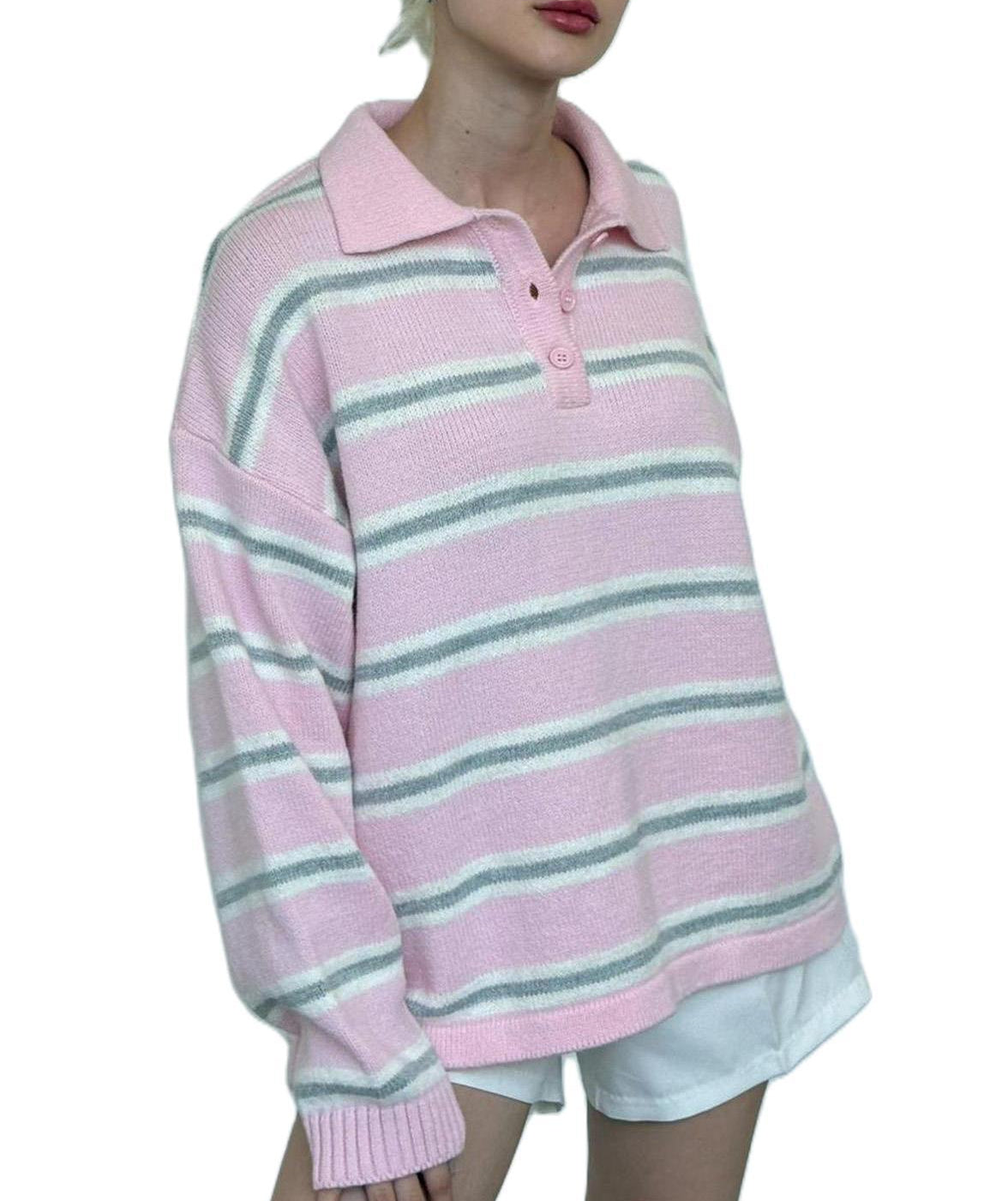 Womens Oversized Striped Polo Sweater Knit Pullover Top