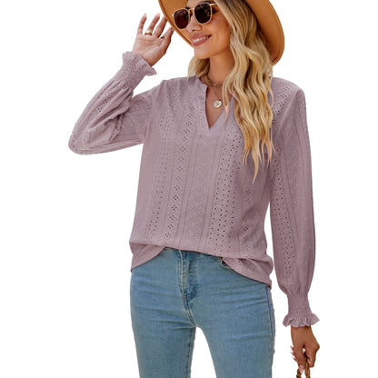 Women's Eyelet V-Neck Long Sleeve Ruffle Cuff Loose Blouse