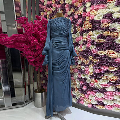 Elegant Ruched Long Sleeve Maxi Dress Evening Gown