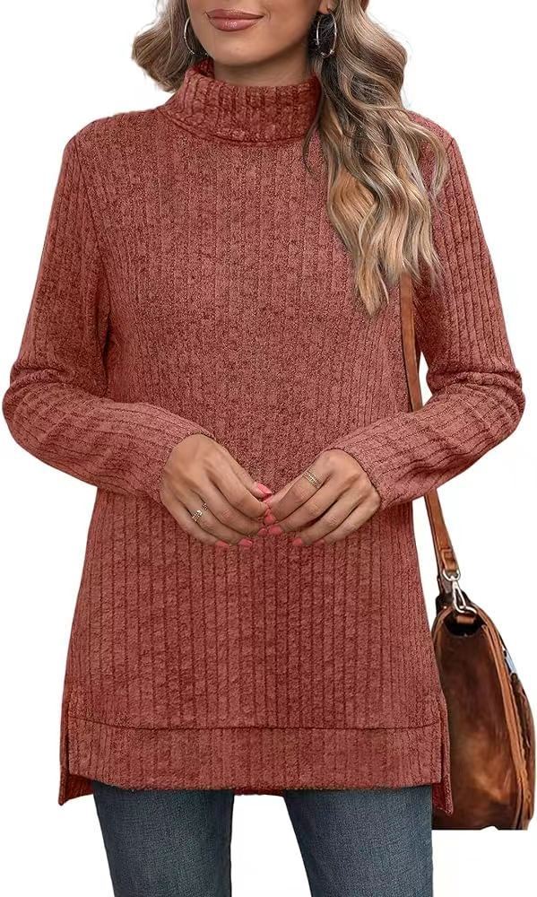 Oversized Ribbed Turtleneck Tunic Top Side Split
