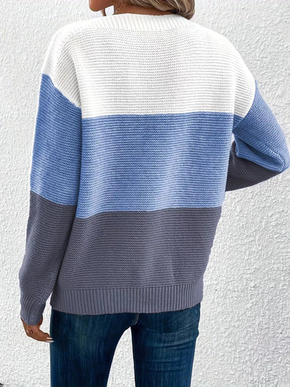 Women's Color Block Crew Neck Knit Pullover Sweater