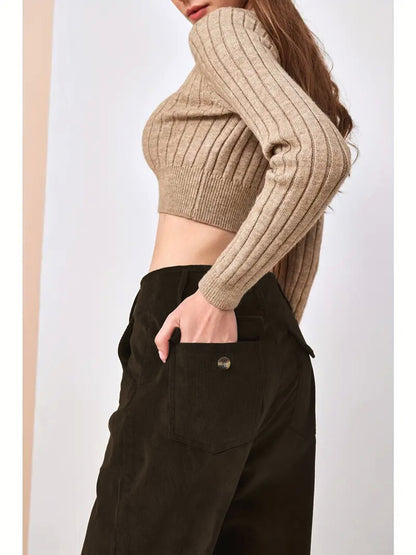 High Waist Corduroy Wide Leg Pants with Pockets