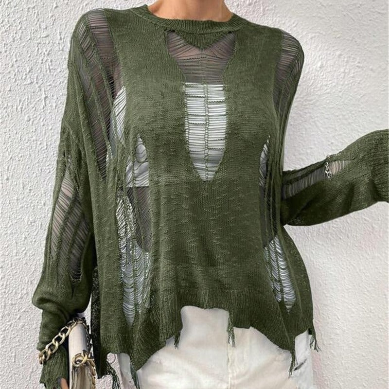 Women's Oversized Distressed Crochet Sheer Sweater Top