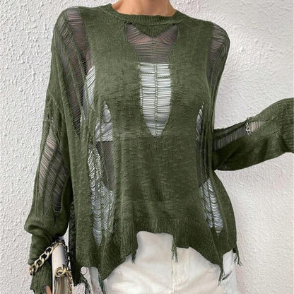 Women's Oversized Distressed Crochet Sheer Sweater Top