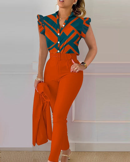 Floral Ruffle Sleeve Top & Belted Pants Two Piece Set
