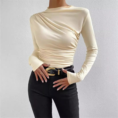 Asymmetric Ruched Mock Neck Long Sleeve Fitted Top