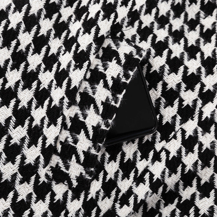 Women's Houndstooth Maxi Winter Coat Double Breasted Belted