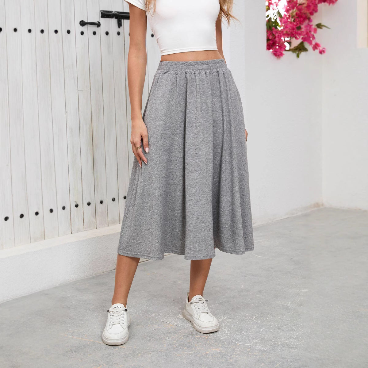 Solid Knit Midi Skirt High Waist A Line Elastic Work