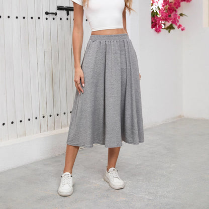 Solid Knit Midi Skirt High Waist A Line Elastic Work