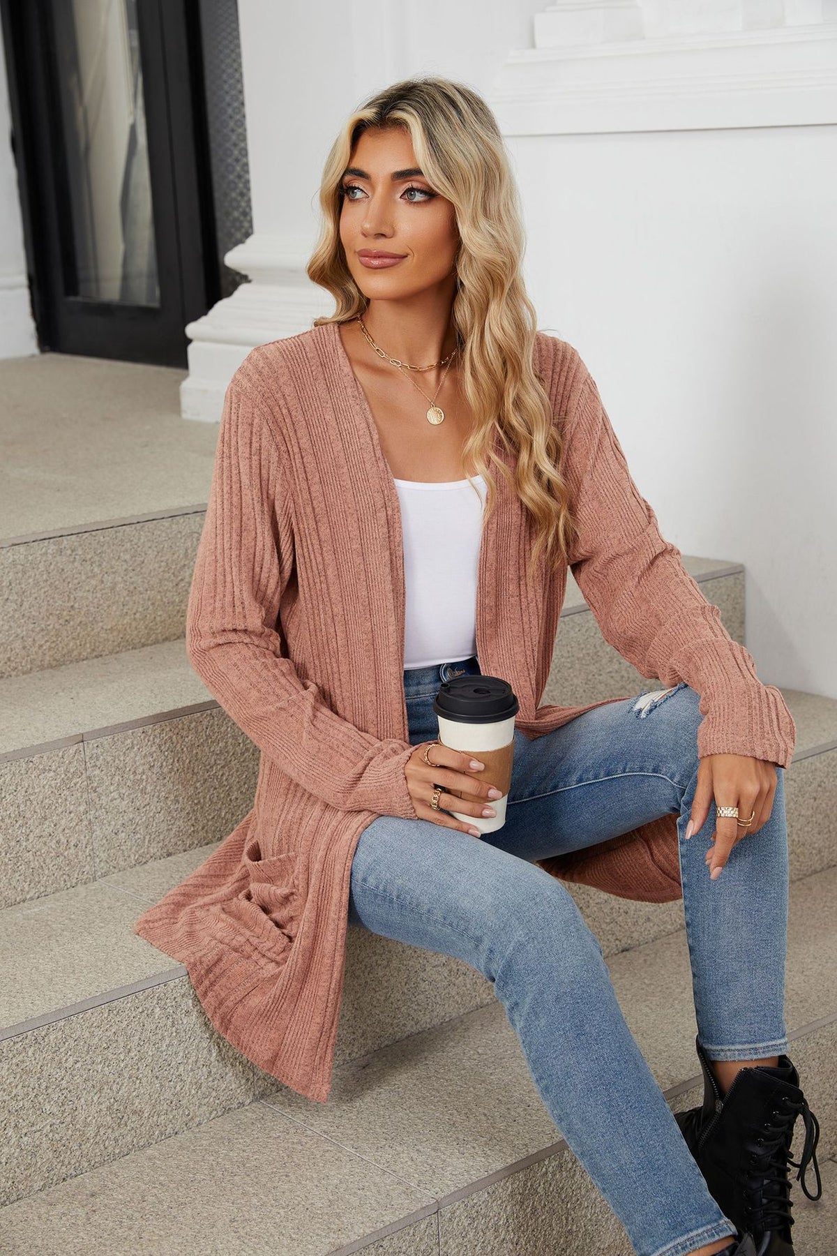 Women's Long Sleeve Ribbed Open Front Cardigan Pockets