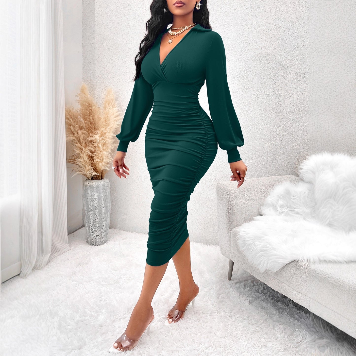 Women's Ruched V-Neck Puff Sleeve Midi Bodycon Dress