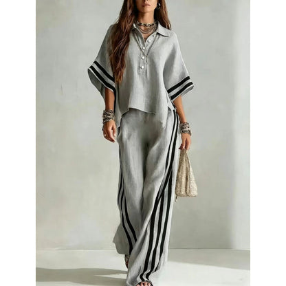 Women's Striped Oversized Shirt Wide Leg Pants 2 Piece Set