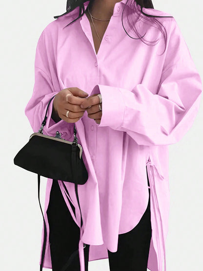 Womens Oversized Shirt Side Tie High Low Long Sleeve Tunic