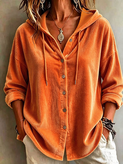 Womens Corduroy Hooded Button Down Shirt Jacket
