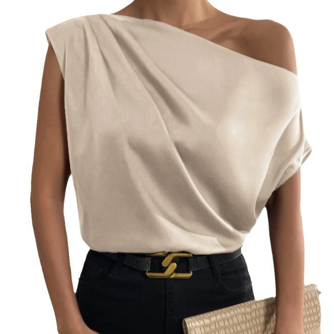 Satin One Shoulder Draped Blouse Sleeveless Top