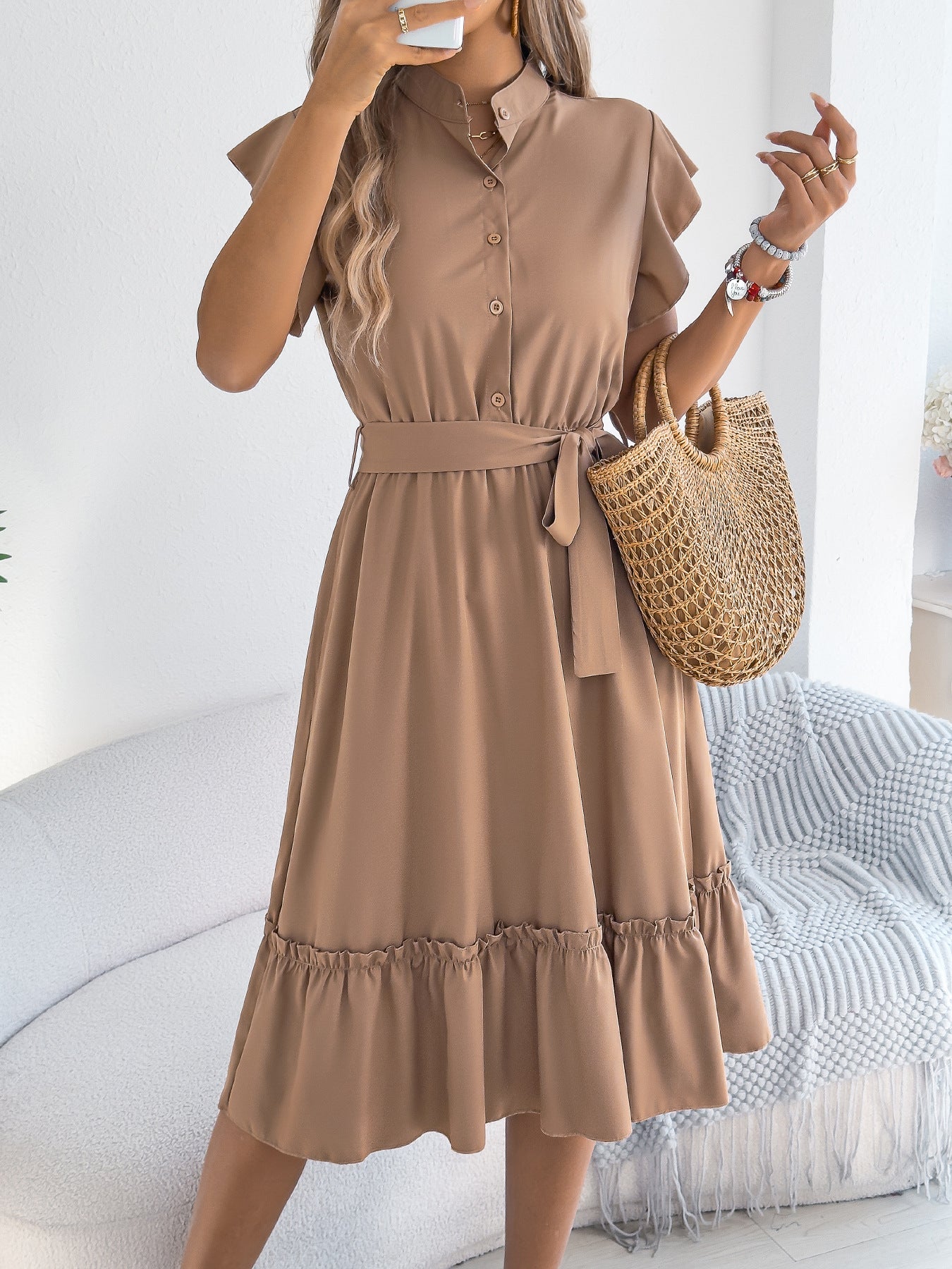 Tie Waist Ruffle Hem Midi Shirt Dress for Women