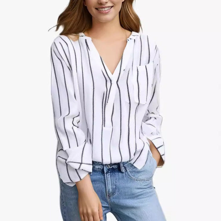 Women's Striped V-Neck Long Sleeve Casual Blouse