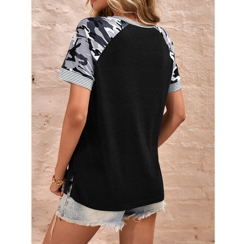 Camo Sleeve Color Block Crewneck Casual T Shirt