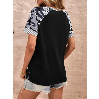 Camo Sleeve Color Block Crewneck Casual T Shirt