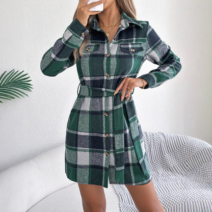 Plaid Shirt Dress Belted Long Sleeve Mini Casual