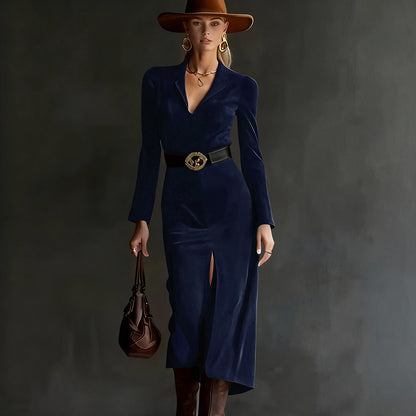 Suede Blazer Midi Dress Belted Long Sleeve Slit