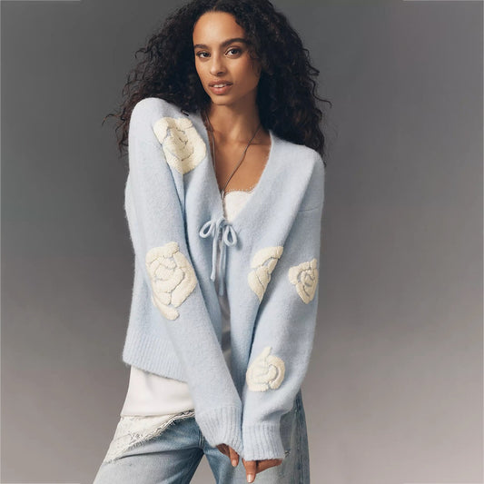 Women's Fuzzy Floral Tie Front Cardigan Light Blue