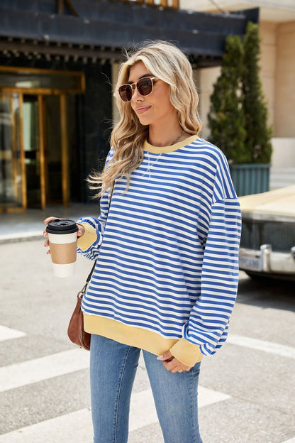 Striped Color Block Crew Neck Oversized Sweatshirt