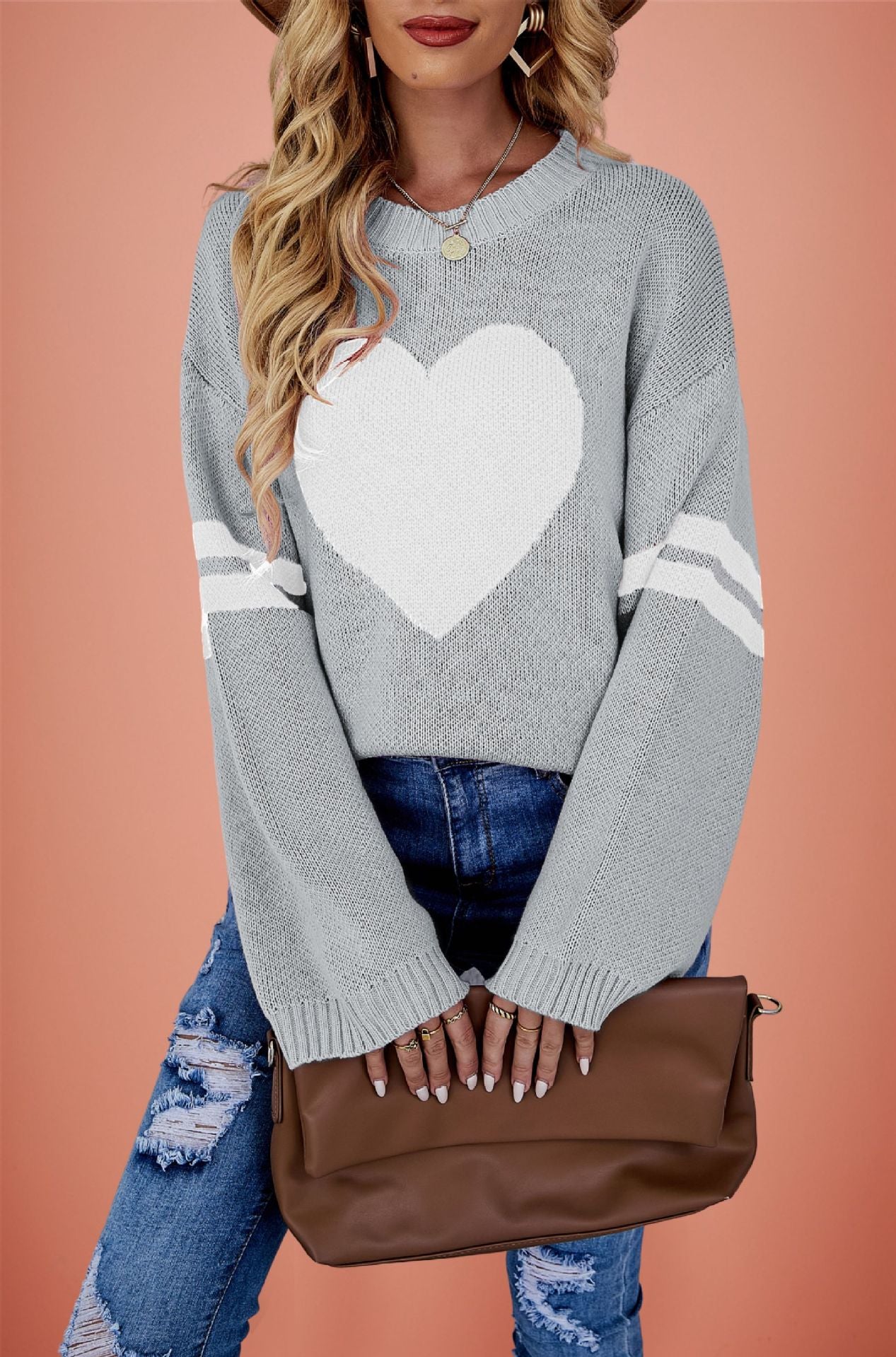 Pink Heart Contrast Knit Sweater Womens Valentine Pullover