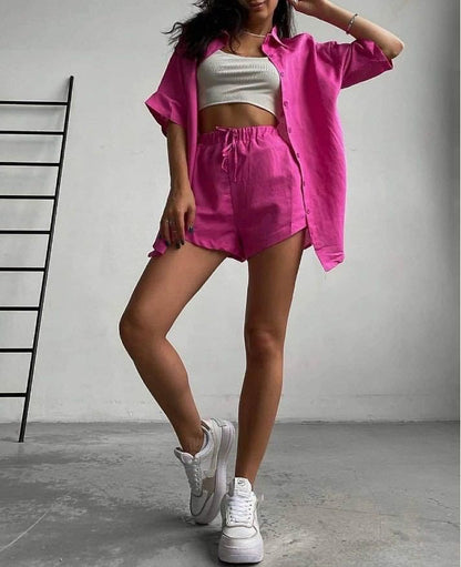Women's Button Down Shirt & Shorts Matching Set