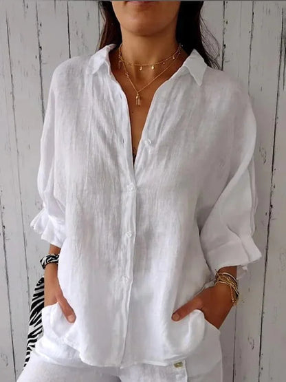 Cotton Linen Tie Back Button Down Shirt Long Sleeve